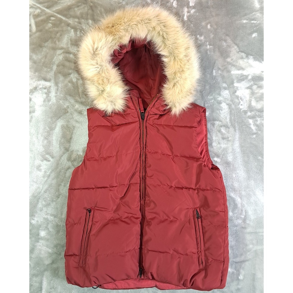 Gap Women's Red PrimaLoft Puffer Vest S ColdControl Down Alt Faux Fur Hood